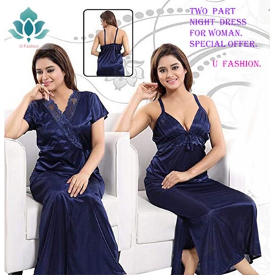 Picture of Night ( Nighty) 2 Part Long Indian Night Dress For Women - Night Dress For Women - Navy Blue - Int:32