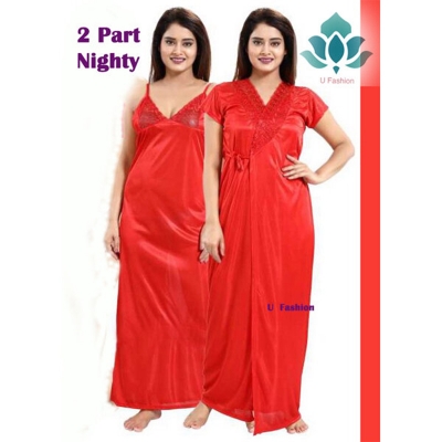 Picture of Night ( Nighty) 2 Part Long Indian Night Dress For Women - Night Dress For Women - Red - Int:36