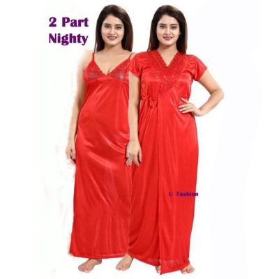 Picture of Night ( Nighty) 2 Part Long Indian Night Dress For Women - Night Dress For Women - Red - Int:32