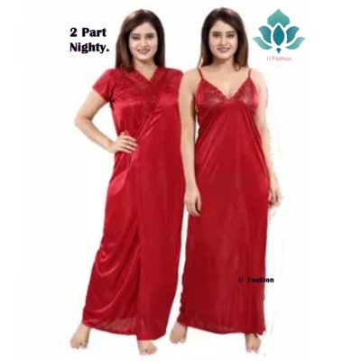 Picture of Night ( Nighty) 2 Part Long Indian Night Dress For Women - Night Dress For Women - Maroon - Int:38