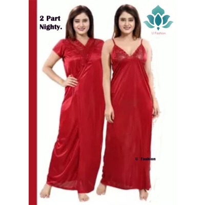 Picture of Night ( Nighty) 2 Part Long Indian Night Dress For Women - Night Dress For Women - Maroon - Int:34