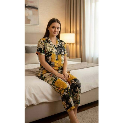 Picture of Korean AC Silk Shirt-Pant Nighty Set , Elegant Pajama set all day wear or nightdress wear - print-2 - Full Look: 40