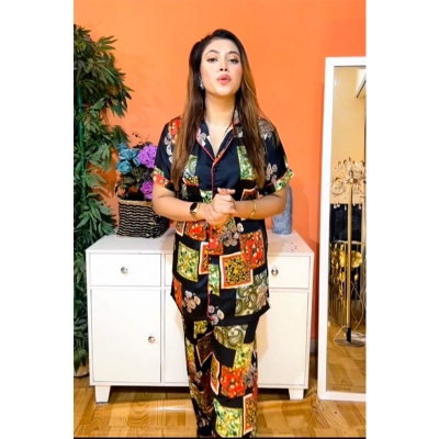 Picture of Korean AC Silk Shirt-Pant Nighty Set , Elegant Pajama set all day wear or nightdress wear - print-1 - Full Look: 38