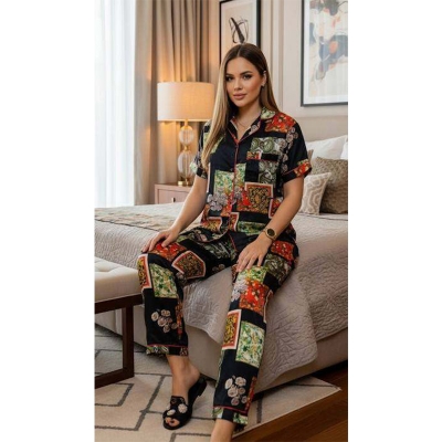 Picture of Korean AC Silk Shirt-Pant Nighty Set , Elegant Pajama set all day wear or nightdress wear - print-1 - Full Look: 44