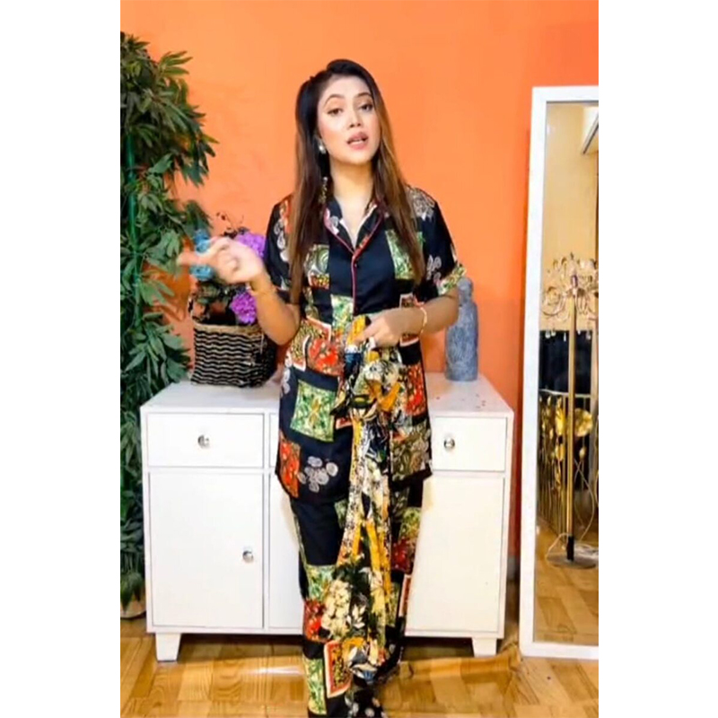 Picture of Korean AC Silk Shirt-Pant Nighty Set , Elegant Pajama set all day wear or nightdress wear - print-1 - Full Look: 42