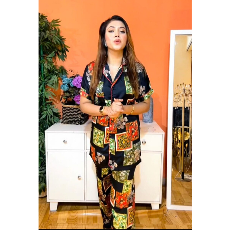Picture of Korean AC Silk Shirt-Pant Nighty Set , Elegant Pajama set all day wear or nightdress wear - print-1 - Full Look: 42