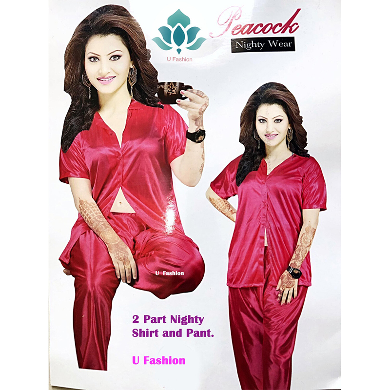 Picture of Comfortable Nightwear for Women - Short Sleeve Shirt and Pant Nighty- Elegant and Refined Nightdress - Comfortable for All Seasons - majenta - Int:40