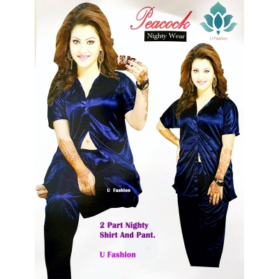 Picture of Comfortable Nightwear for Women - Short Sleeve Shirt and Pant Nighty- Elegant and Refined Nightdress - Comfortable for All Seasons - Navy Blue - Int:40