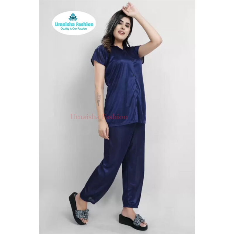 Picture of Comfortable Nightwear for Women - Short Sleeve Shirt and Pant Nighty- Elegant and Refined Nightdress - Comfortable for All Seasons - Navy Blue - Int:32