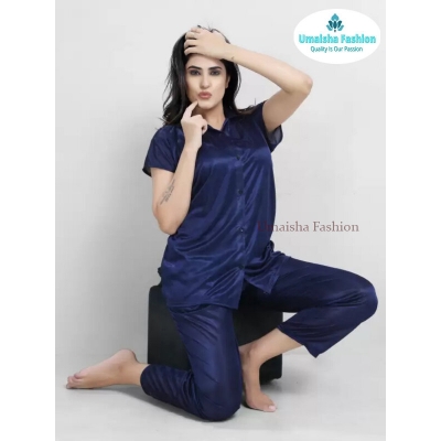 Picture of Comfortable Nightwear for Women - Short Sleeve Shirt and Pant Nighty- Elegant and Refined Nightdress - Comfortable for All Seasons - Navy Blue - Int:33