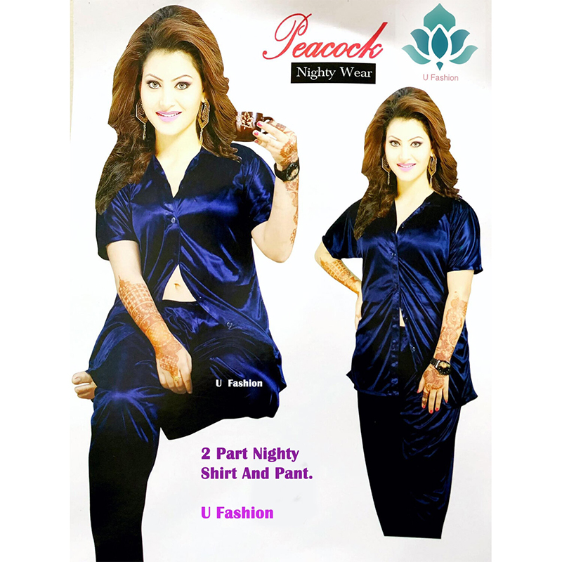 Picture of Comfortable Nightwear for Women - Short Sleeve Shirt and Pant Nighty- Elegant and Refined Nightdress - Comfortable for All Seasons - Navy Blue - Int:38