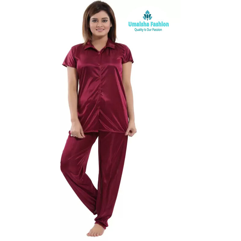 Picture of Comfortable Nightwear for Women - Short Sleeve Shirt and Pant Nighty- Elegant and Refined Nightdress - Comfortable for All Seasons - Maroon - Int:32