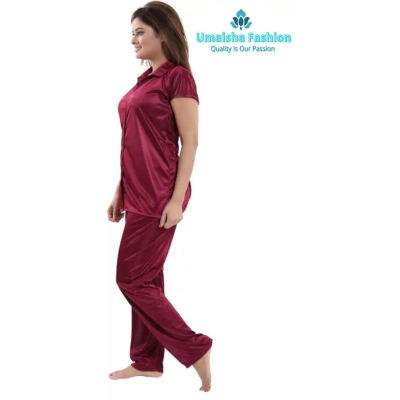 Picture of Comfortable Nightwear for Women - Short Sleeve Shirt and Pant Nighty- Elegant and Refined Nightdress - Comfortable for All Seasons - Maroon - Int:36