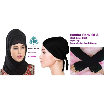 Picture of Georgette hijab, Hijab Cap and Sun protector Hand Gloves - Black - Int: One size