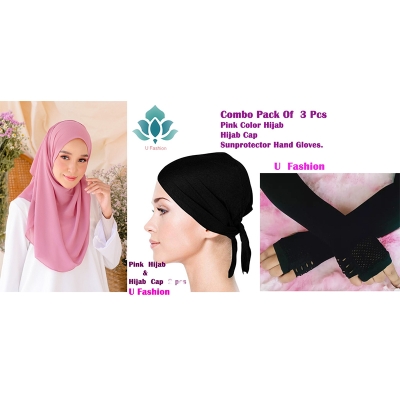 Picture of Georgette hijab, Hijab Cap and Sun protector Hand Gloves - Pink - Int: One size