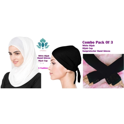 Picture of Georgette hijab, Hijab Cap and Sun protector Hand Gloves - White - Int: One size