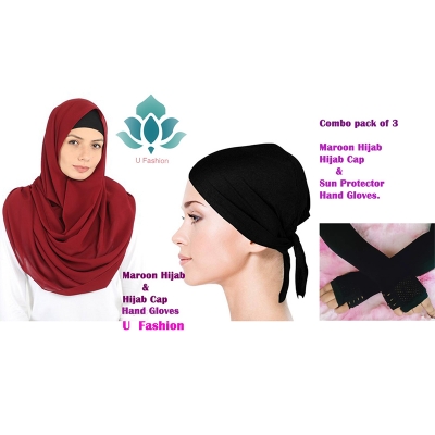 Picture of Georgette hijab, Hijab Cap and Sun protector Hand Gloves - Maroon - Int: One size