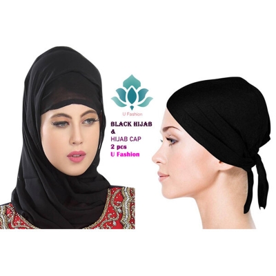 Picture of Chiffon Georgette Hijab And Hijab Cap for Woman - Black - Int: One size