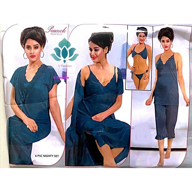 Picture of Fashionable 6 Part Nighty Dress for Ladies - Embrace Elegant Style with This Exquisite Night Wear for a Comfortable and Trendy Look - Light green - Int:32