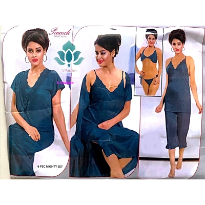 Picture of Fashionable 6 Part Nighty Dress for Ladies - Embrace Elegant Style with This Exquisite Night Wear for a Comfortable and Trendy Look - Light green - Int:33