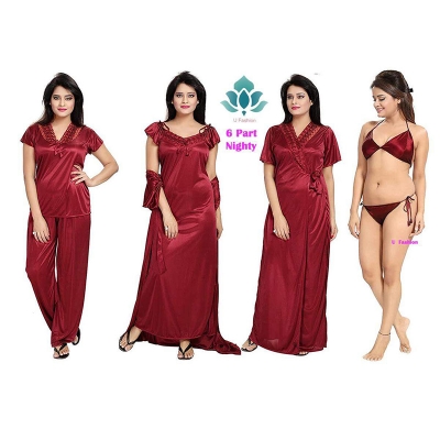 Picture of Women High Quality Exclusive Women's Night Wear Nighty Dresses - Fashionable 6 Part Night Dress - Perfect for Special Occasions - Maroon - Int:33