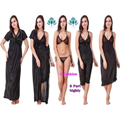 Picture of Fashionable Ladies Silk Satin Night Dress with Six Part Sleeveless Nighties - Comfort for Night - Black - Int:32