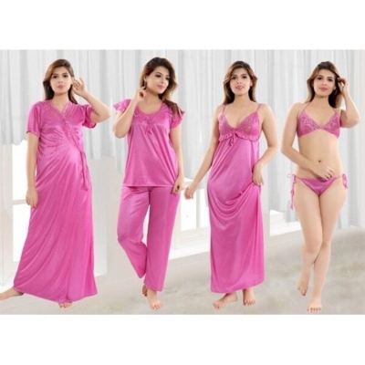 Picture of Fashionable Ladies Silk Satin Night Dress with Six Part Sleeveless Nighties - Comfort for Night - Magenta - Int:30