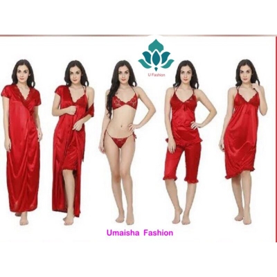 Picture of Fashionable Ladies Silk Satin Night Dress with Six Part Sleeveless Nighties - Comfort for Night - Chili Red - Int:34
