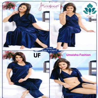 Picture of Fashionable Ladies Silk Satin Night Dress with Six Part Sleeveless Nighties - Comfort for Night - Navy Blue - Int:33