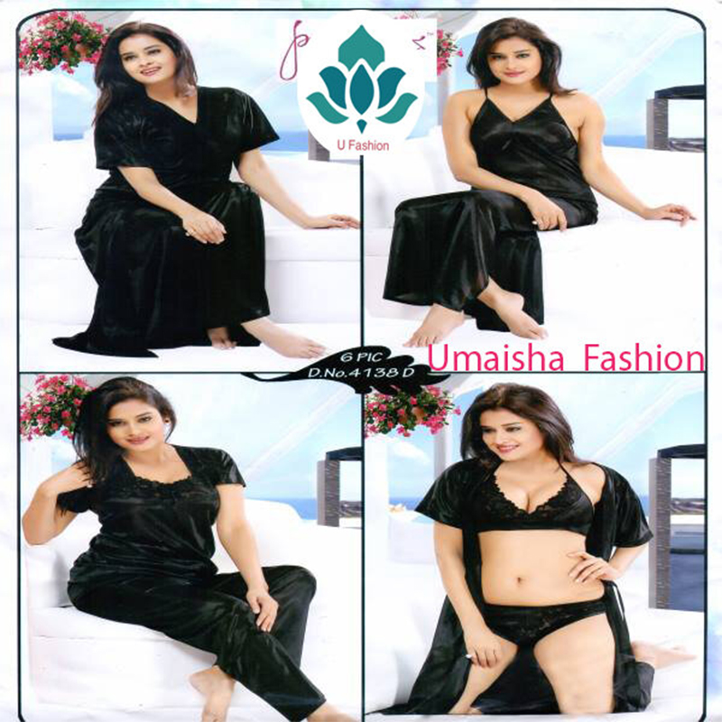 Picture of Fashionable Ladies Silk Satin Night Dress with Six Part Sleeveless Nighties - Comfort for Night - Black - Int:38