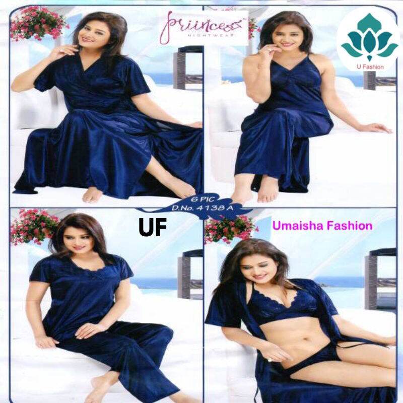 Picture of Fashionable Ladies Silk Satin Night Dress with Six Part Sleeveless Nighties - Comfort for Night - Navy Blue - Int:36