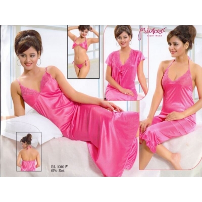 Picture of Fashionable Ladies Silk Satin Night Dress with Six Part Sleeveless Nighties - Comfort for Night - Magenta - Int:38