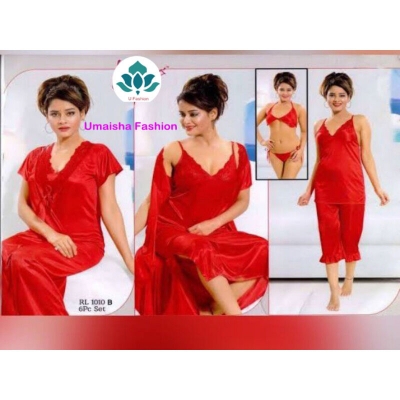 Picture of Fashionable Ladies Silk Satin Night Dress with Six Part Sleeveless Nighties - Comfort for Night - Chili Red - Int:38