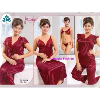 Picture of Fashionable Ladies Silk Satin Night Dress with Six Part Sleeveless Nighties - Comfort for Night - Maroon - Int:32