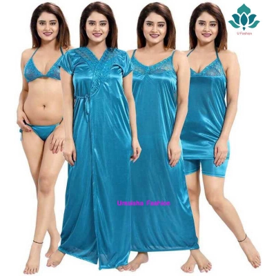 Picture of Fashionable Ladies Silk Satin Night Dress with Six Part Sleeveless Nighties - Comfort for Night - Green - Int:33