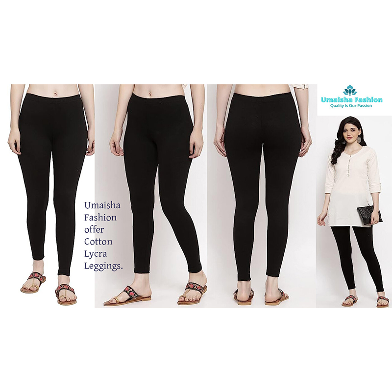Picture of FreeSize Stretchable Ankle Length Churidar Cotton Leggings tiles ties for Girls/Ladies - Black - Int:L