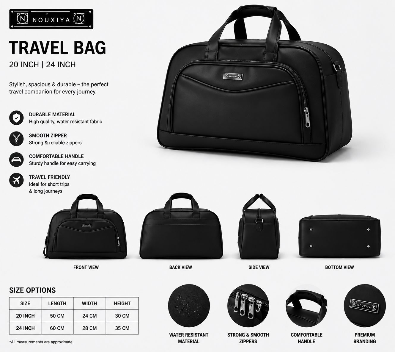 Picture of NOUXIYA Durable Travel Carry Bag – Waterproof Unisex Duffel Bag for Weekend Trips & Overnight Stays (20/24 Inch)⁠
