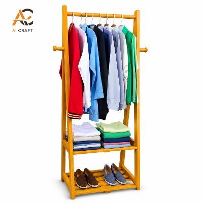 Picture of A-Shape Wooden Clothes Alna with Storage Shelf