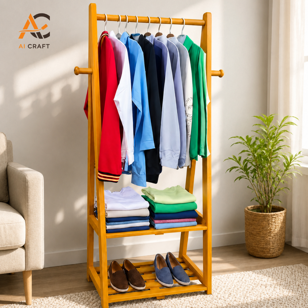 Picture of A-Shape Wooden Clothes Alna with Storage Shelf