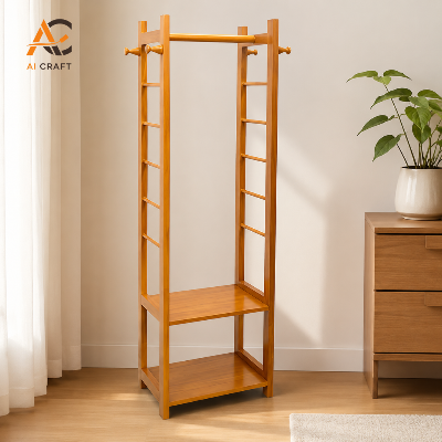 Picture of 10-Stick Wooden Cloth Alna with Storage Shelves