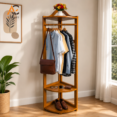 Picture of Corner Wood Clothes Alna with Storage Shelves