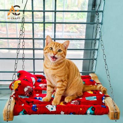 Picture of Indoor Cat Hammock Bed | Wooden Frame & Hanging Chains for Window, Wall