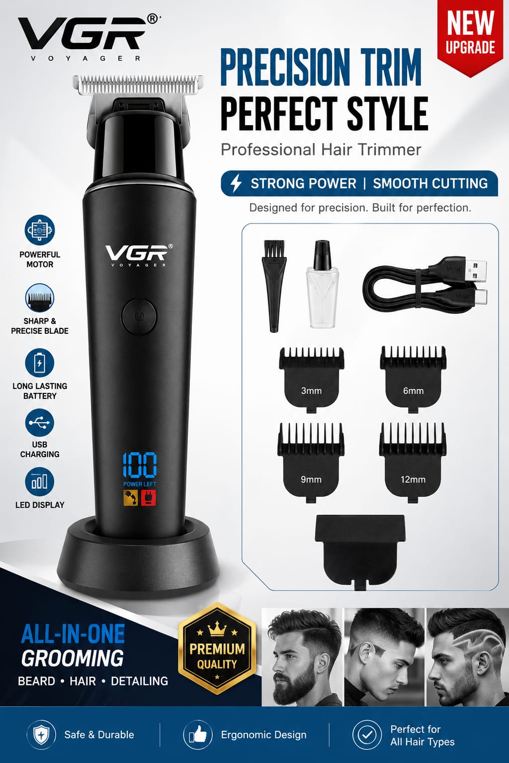 Picture of VGR V-937 Premium Professional Rechargeable Hair Trimmer | 500 Minutes Runtime | Digital Display | T-Blade Precision Grooming Machine