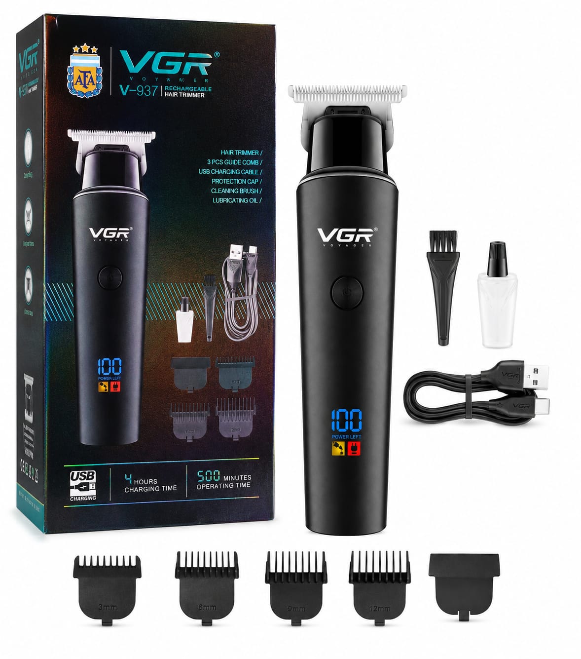 Picture of VGR V-937 Premium Professional Rechargeable Hair Trimmer | 500 Minutes Runtime | Digital Display | T-Blade Precision Grooming Machine