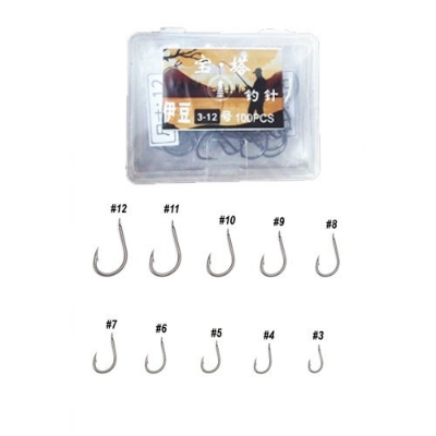 Picture of 100 pcs x Size 3-12 Ring Head Fishing Hook Iseama High Carbon Steel Strong Sharp Barbed Fish Hooks (Upgrade Pack)-BLACK