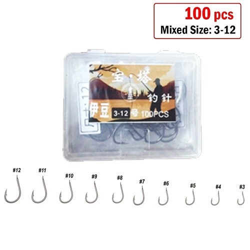 Picture of 100 pcs x Size 3-12 Ring Head Fishing Hook Iseama High Carbon Steel Strong Sharp Barbed Fish Hooks (Upgrade Pack)-BLACK