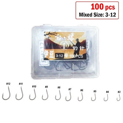 Picture of 100 pcs x Size 3-12 Ring Head Fishing Hook Iseama High Carbon Steel Strong Sharp Barbed Fish Hooks (Upgrade Pack)-BLACK
