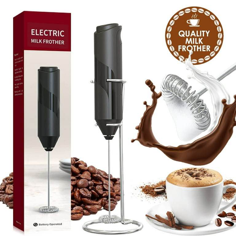 Picture of Milk Frother Handheld with Stand, Battery Powered Foam Maker, Whisk Drink Mixer Mini Blender For Coffee, Frappe, Latte, Matcha, Chocolate (Black)-Black