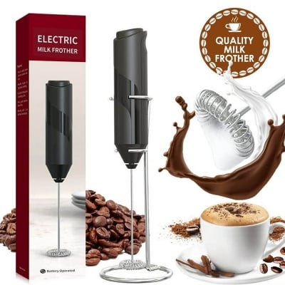 Picture of Milk Frother Handheld with Stand, Battery Powered Foam Maker, Whisk Drink Mixer Mini Blender For Coffee, Frappe, Latte, Matcha, Chocolate (Black)-Black