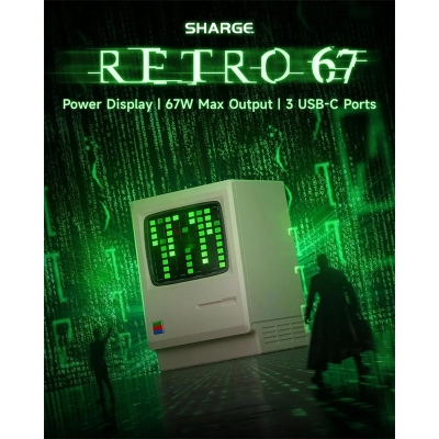Picture of SHARGE Retro 67w USB C Power Display 3-Port Fast GaN Foldable Charger-White